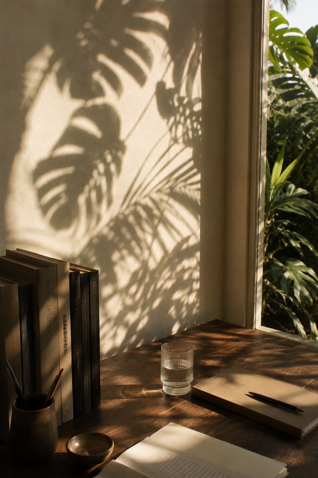 Sunlit desk with books, journal, and afternoon light
